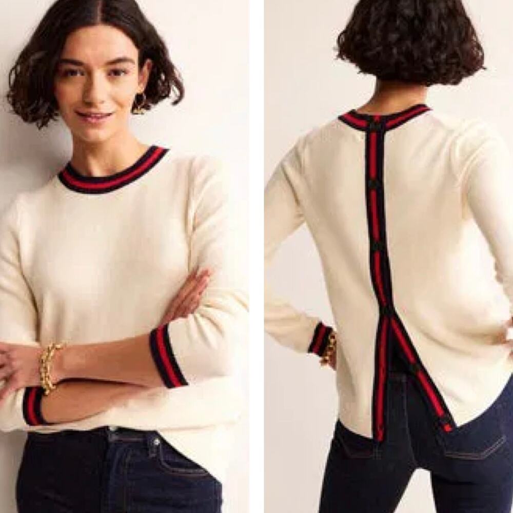 Boden Cream Crewneck Sweater with Red & Black Trim
